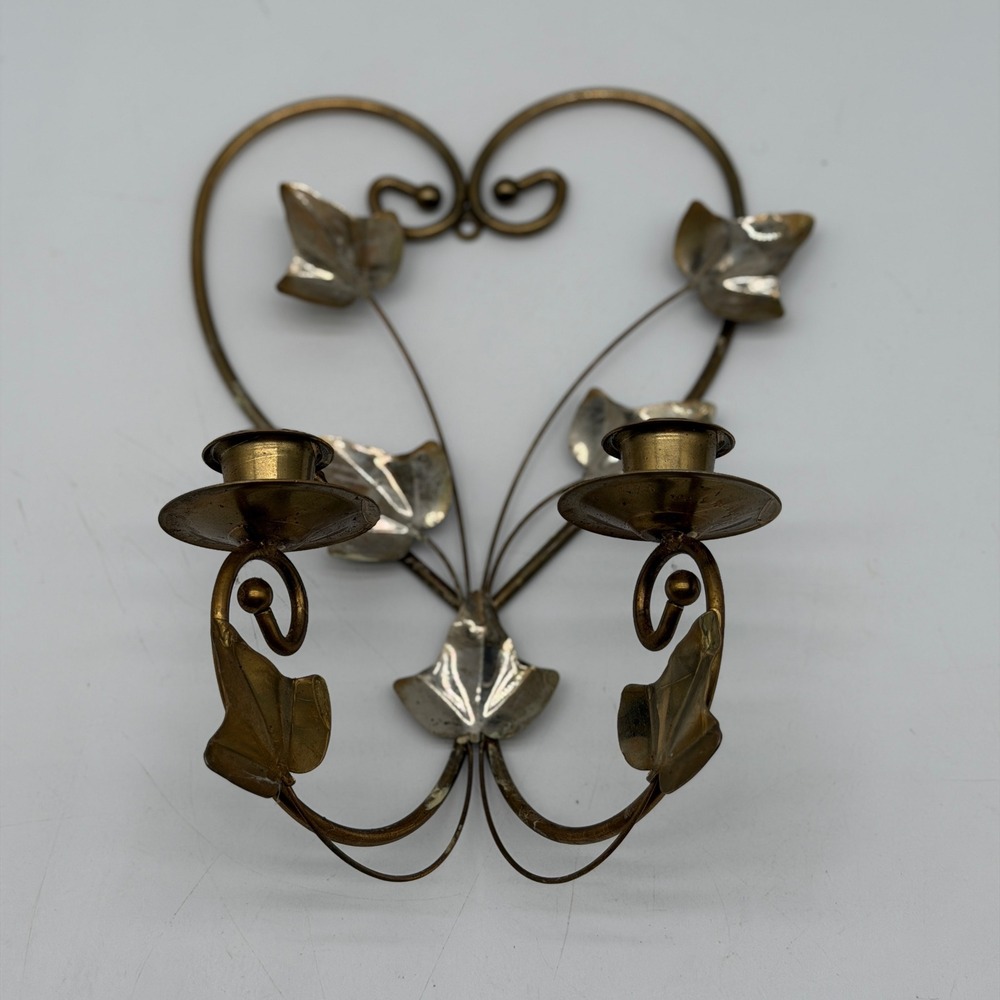 Vintage Brass Heart Ivy Leaf Double Wall Sconce Candle Holder Hollywood Regency